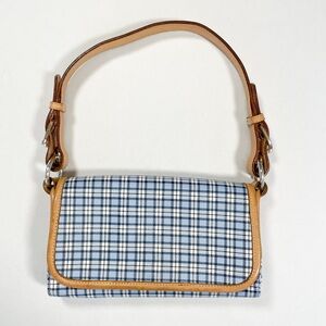 Vintage Ralph Lauren Baby Blue Plaid and Tan Leather Shoulder Bag